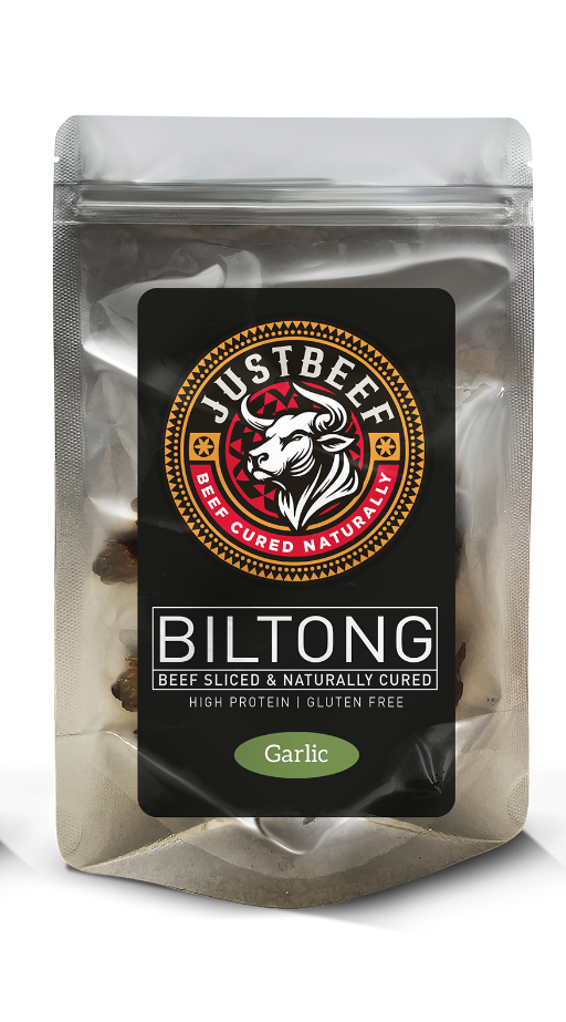 Garlic Packaged biltong with Just Beef logo
