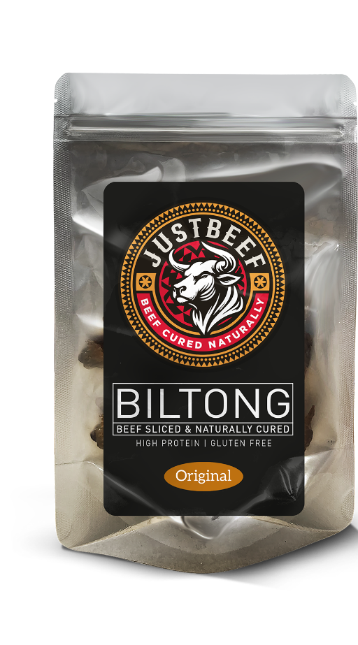 Original Packaged biltong with JustBeef logo